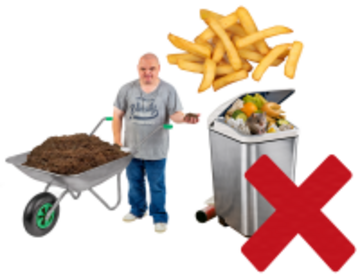 A cross beside a man with a barrow of soil, some chips and a full rubbish bin.
