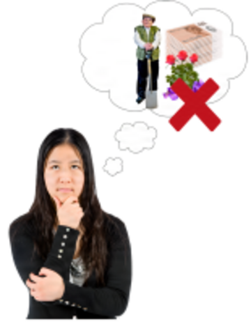 A woman thinking.  In the thought bubble is a cross beside a man with a spade, some flowers and some money.