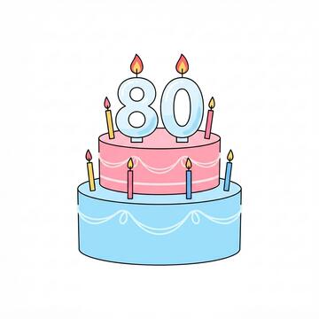 A birthday cake with candles and 80 on it.