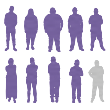 Ten silhouettes of people in two rows, nine purple and one grey.