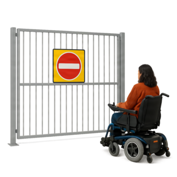 A woman in a wheelchair is shut out behind a gate