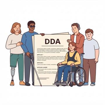 People with different disabilities around a piece of paper that has the heading DDA.