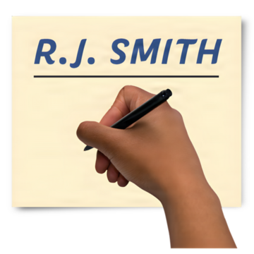 Hand holding a black pen with 'R.J. SMITH' written on paper.