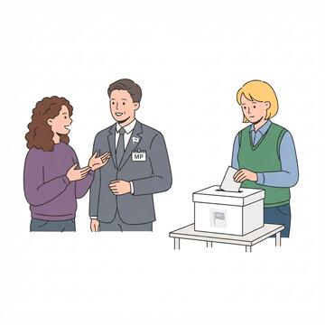 A woman talking to a man in a suit. Beside them is a person putting a voting slip into a ballot box.