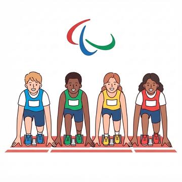 4 people crouched at the start of a race with the Paralympic logo above them.