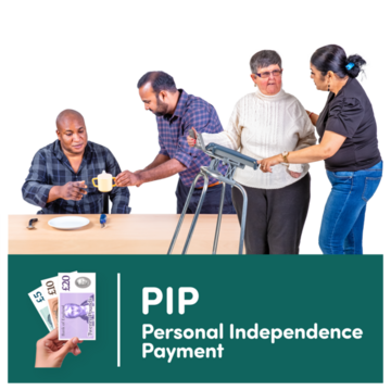 Four people engaged in helping an elderly woman with a walker, with a banner about Personal Independence Payment below them