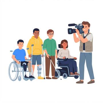 A group of people with different disabilities being filmed by a TV cameraman