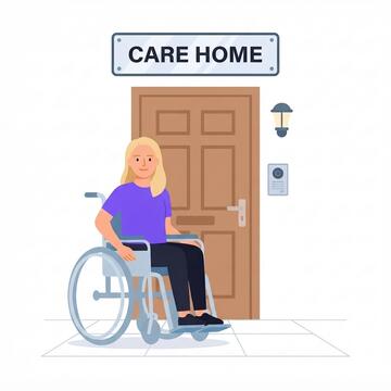A woman in a wheelchair outside a door with a sign reading care home above it.