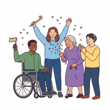 A group of people celebrating by clapping, waving a flag and raising their arms in the air.