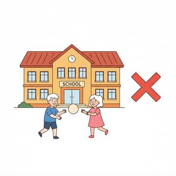 A red x beside two children playing with a ball outside a school.