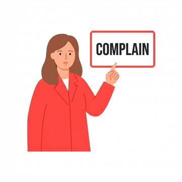 A woman in red pointing at a sign that says "Complain."