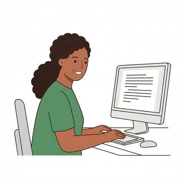 A woman working at a computer.
