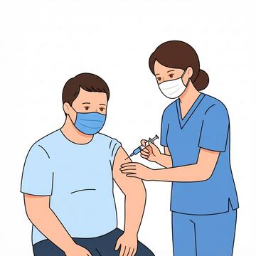 A person sitting down with a nurse beside him giving him an injection in the upper arm.  They are both wearing face masks.