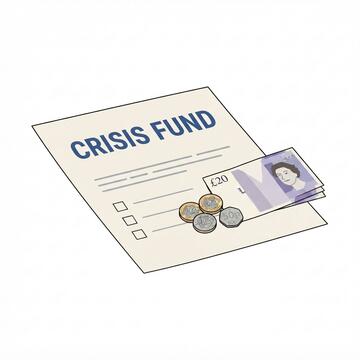 a page with crisis fund written on the top, with some money next to it