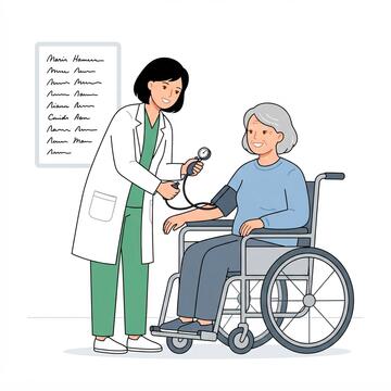A doctor taking the blood pressure of someone in a wheelchair.  On the wall behind them is a list of names.