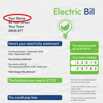 An electric bill with the name circled in red