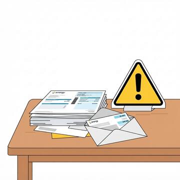 A pile of energy bills on a table with a yellow warning sign next to them