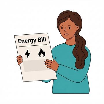 a woman holding an energy bill with a worried look on her face