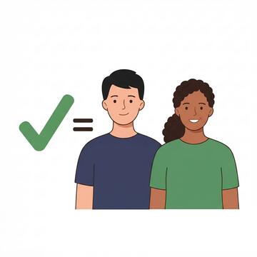 Two people standing together with a tick and an equals sign beside them.