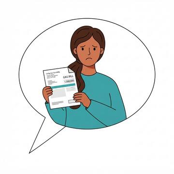 A speech bubble with a woman looking worried holding a bill