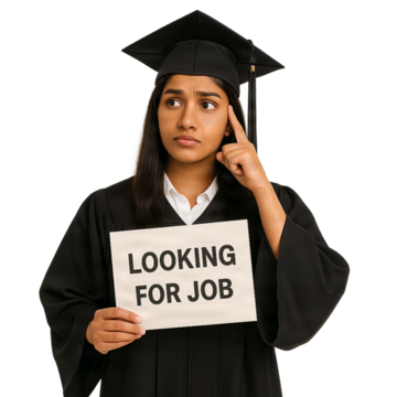 A young person in a graduation gown with a sign saying Looking for job