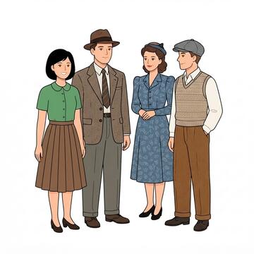 A group of adults in 1940s clothes.