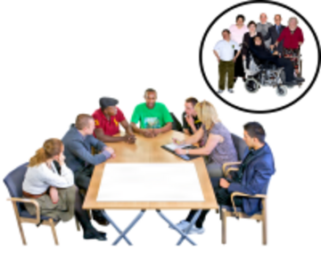 People sitting around a table.  Above their heads is a group of people in a circle.