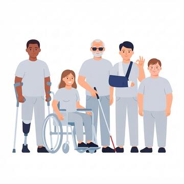 A group of people with different disabilities wearing the same grey clothes