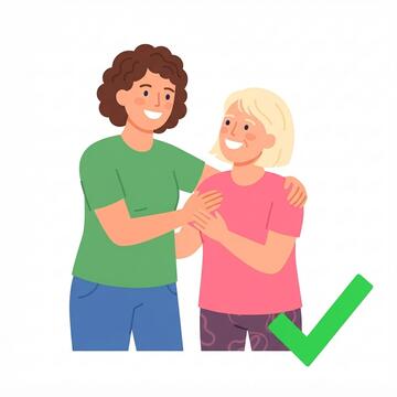 Two women standing together and smiling at each other with a green tick in the corner
