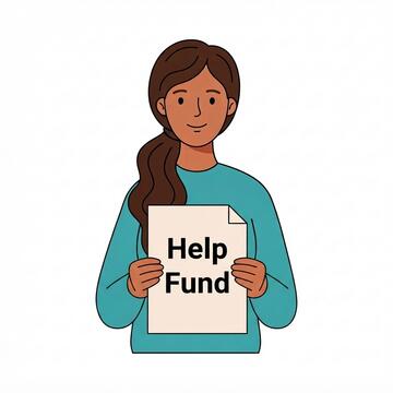A woman holding up a sign reading help fund