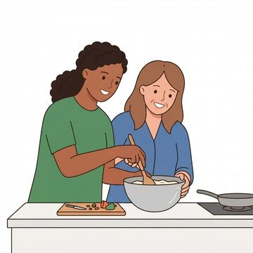 Two people preparing a meal. One person is holding a bowl, the other person is stirring the contents of the bowl with a spoon.