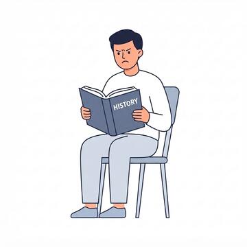 A man reading a history book with an angry expression on his face