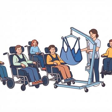 People in wheelchairs and a person standing by a hoist with a sling in it.