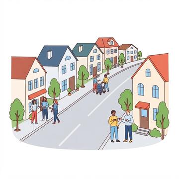 Several houses with a road through the middle, trees and people outside talking to each other.