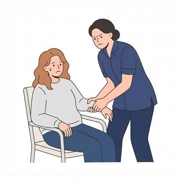 An unfriendly woman holding the arm tightly of a woman sitting in a chair.