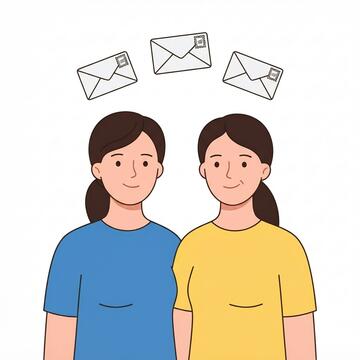 Two women with envelopes above them.