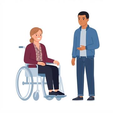 A man speaking to a woman in a wheelchair