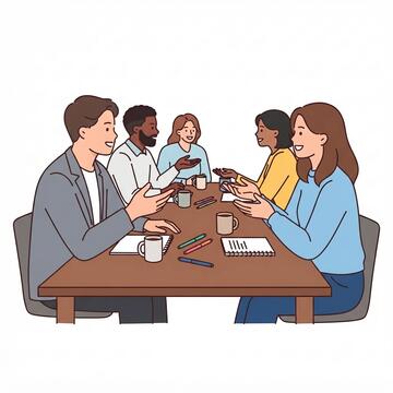 People sitting at a long table talking to each other with pens and notebooks on the table.