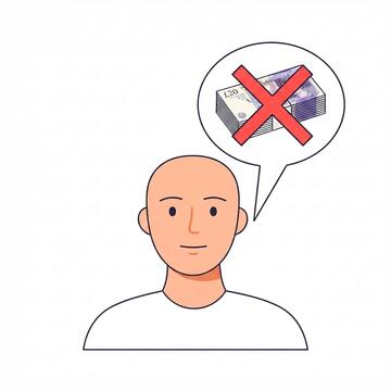 A man with a speech bubble with money and a red cross inside it