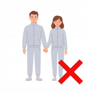 A man and a woman in grey trackuits holding hands with a large red X in the corner