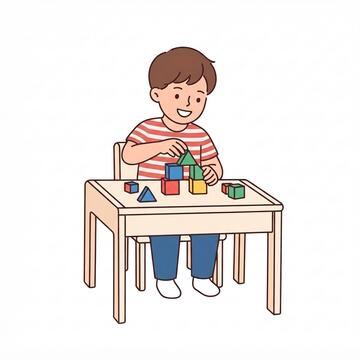 A boy sitting at a desk playing with building blocks.