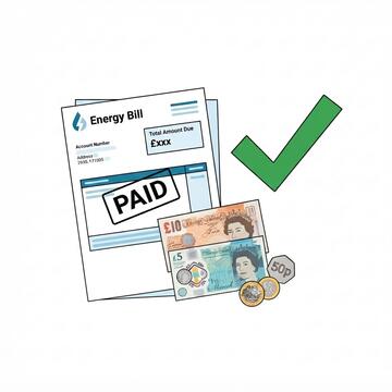 An energy bill marked paid, with some money and green tick next to it
