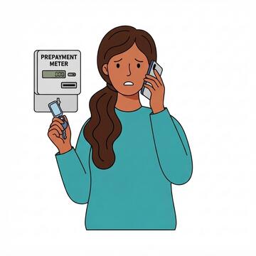 A woman on the phone with a prepyament enrgy meter behind her