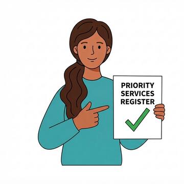 A woman pointing to a page that says Priority Services Register
