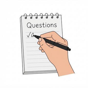 A hand writing on a notepad with Questions written at the top