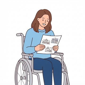 A woman in a wheelchair reading a sheet of paper which has images of houses on it.