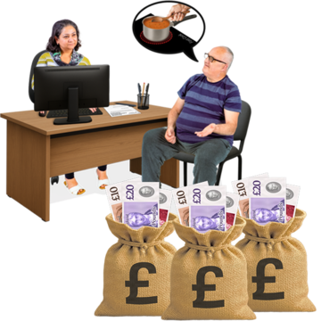 A man and a woman in an office setting with a thought bubble showing a saucepan, with bags of money in front.