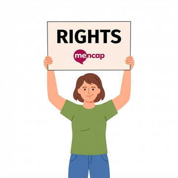 A woman holding a sign that says RIGHTS above the Mencap logo