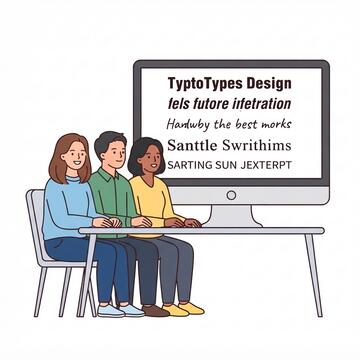 3 people sitting at a table with a big screen that has different styles of writing on it.
