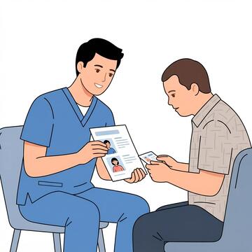A man sitting showing someone some easy read information.